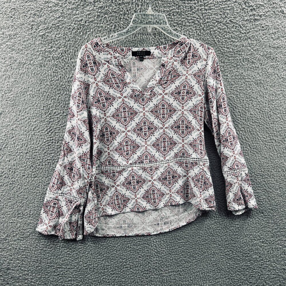 Kelly Renee Womens Top Medium‎ White Red Geometric Long Sleeve Shirt